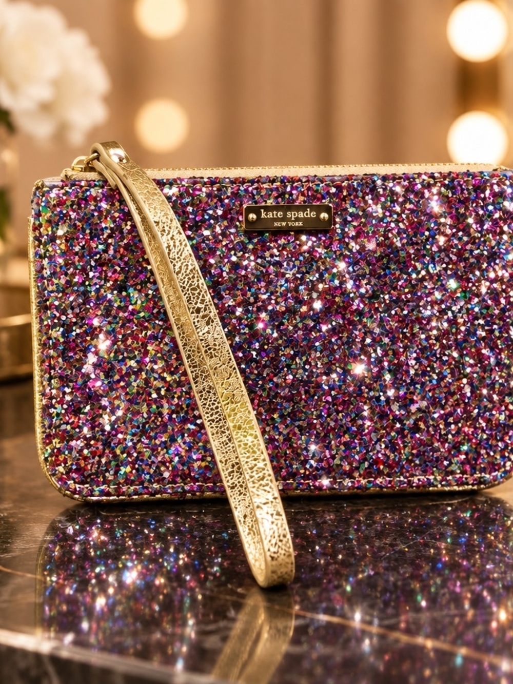 kate spade Multicolor Glitter Wristlet with Gold Strap